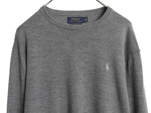 ポロ ラルフローレン ニット セーター メンズ M 古着 メリノ ウール ハイゲージ ワンポイント クルーネック シンプル きれいめ グレー 薄手