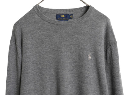 ポロ ラルフローレン ニット セーター メンズ M 古着 メリノ ウール ハイゲージ ワンポイント クルーネック シンプル きれいめ グレー 薄手
