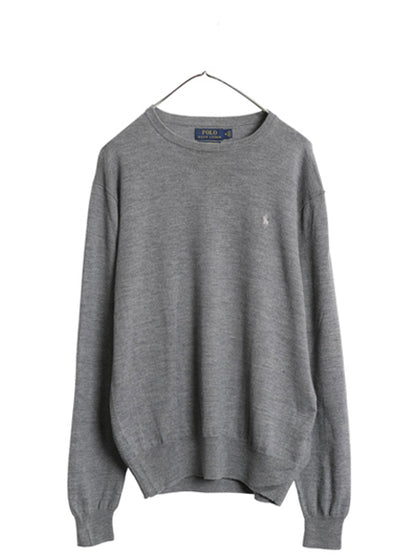 ポロ ラルフローレン ニット セーター メンズ M 古着 メリノ ウール ハイゲージ ワンポイント クルーネック シンプル きれいめ グレー 薄手
