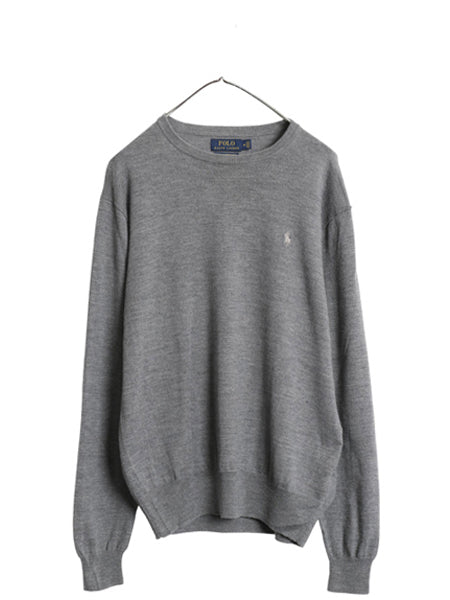 ポロ ラルフローレン ニット セーター メンズ M 古着 メリノ ウール ハイゲージ ワンポイント クルーネック シンプル きれいめ グレー 薄手
