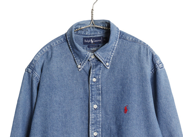 90s ラルフローレン ボタンダウン 長袖 デニム シャツ メンズ XL / オールド ポロ コットン ポニー 刺繍 ワンポイント 大きいサイズ ブルー