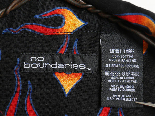 00s ☆ NO BOUNDARIES ファイヤーパターン オープンカラー 半袖 シャツ メンズ L / オールド Y2K 総柄 チカーノ 開襟 バイク ストリート 黒
