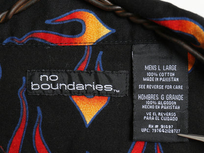 00s ☆ NO BOUNDARIES ファイヤーパターン オープンカラー 半袖 シャツ メンズ L / オールド Y2K 総柄 チカーノ 開襟 バイク ストリート 黒