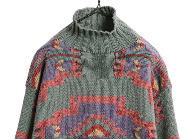 手編み 80s ★ ポロカントリー ラルフローレン ネイティブ ハンド ニット セーター メンズ L 古着 ヴィンテージ コットン ハイネック 総柄