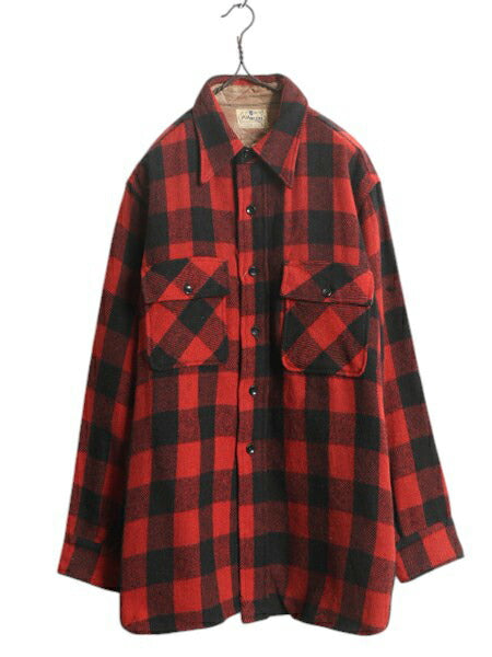 50s ★ ピルグリム マチ付き ブロック チェック ウール シャツ メンズ XL 程/ ヴィンテージ シアーズ CPO ジャケット ヘビーウェイト 赤 黒