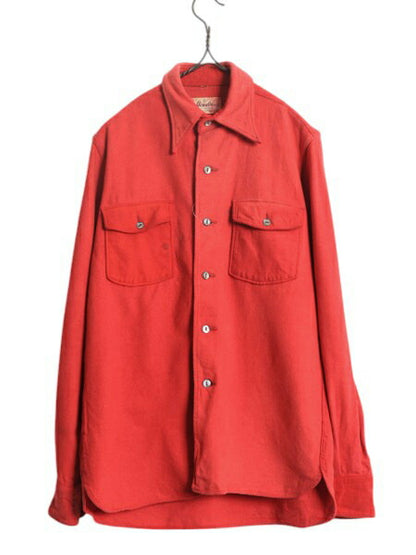 40s USA製 ★ hessler ウール フランネル シャツ メンズ S / 古着 ヴィンテージ 長袖シャツ ネルシャツ ポケット付き 胸ポケット 無地 赤