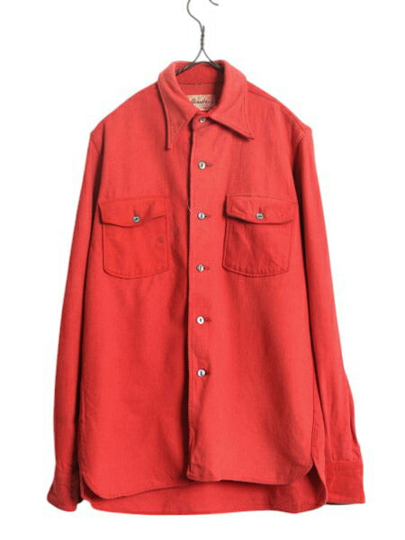 40s USA製 ★ hessler ウール フランネル シャツ メンズ S / 古着 ヴィンテージ 長袖シャツ ネルシャツ ポケット付き 胸ポケット 無地 赤
