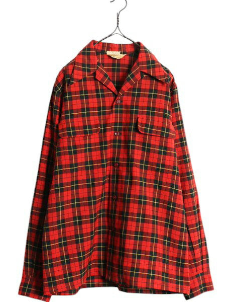 40s ★ BOTANY ウール オープンカラー シャツ メンズ L 古着 ヴィンテージ タータン チェック ループ留め 開襟 ボックス 無地 ポケット付き