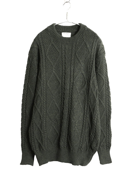 アイルランド製 Blarney Woolen Mills フィッシャーマン ニット セーター メンズ L 古着 メリノ ウール アラン ケーブル ローゲージ カーキ