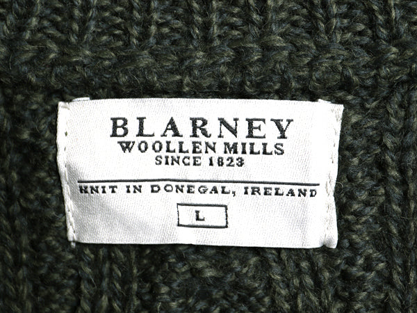 アイルランド製 Blarney Woolen Mills フィッシャーマン ニット セーター メンズ L 古着 メリノ ウール アラン ケーブル ローゲージ カーキ
