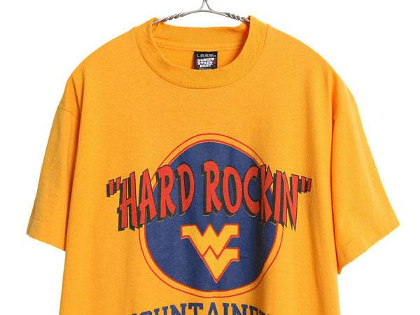 90s USA製 カレッジ イラスト プリント 半袖 Tシャツ メンズ L / オールド グラフィック パロディ シングルステッチ カットソー イエロー