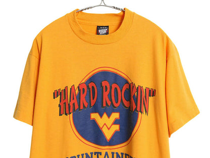 90s USA製 カレッジ イラスト プリント 半袖 Tシャツ メンズ L / オールド グラフィック パロディ シングルステッチ カットソー イエロー