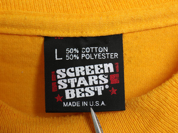 90s USA製 カレッジ イラスト プリント 半袖 Tシャツ メンズ L / オールド グラフィック パロディ シングルステッチ カットソー イエロー