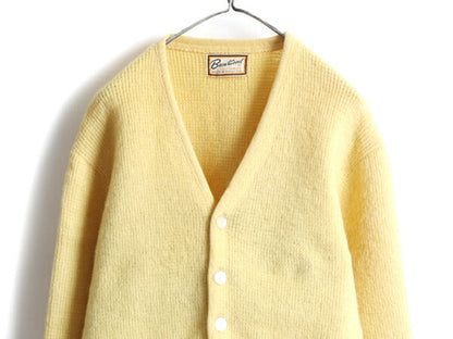 60s ビンテージ ★ BRENTWOOD ウール 長袖 ニット カーディガン ( メンズ M ) 古着 60年代 セーター 毛長 ポケット付き 無地 黄 2トーン