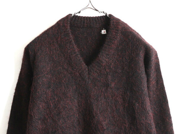 60s 70s ビンテージ ★ Vネック モヘア ニット セーター 40 メンズ M 程/ 古着 60年代 70年代 モヘヤ ウール 無地 毛長 プルオーバー 赤 黒