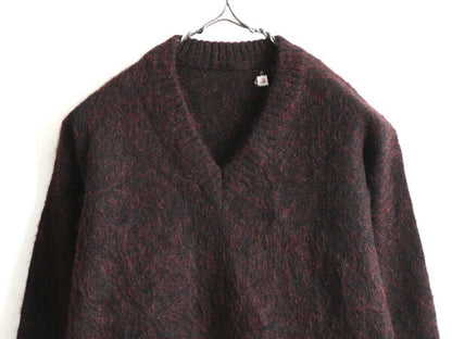 60s 70s ビンテージ ★ Vネック モヘア ニット セーター 40 メンズ M 程/ 古着 60年代 70年代 モヘヤ ウール 無地 毛長 プルオーバー 赤 黒