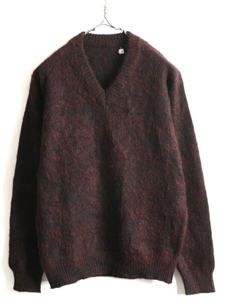 60s 70s ビンテージ ★ Vネック モヘア ニット セーター 40 メンズ M 程/ 古着 60年代 70年代 モヘヤ ウール 無地 毛長 プルオーバー 赤 黒