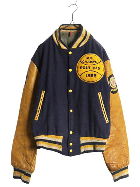 60s USA製 ★ HATCHERS 袖レザー ウール スタジャン メンズ L 程/ 古着 ヴィンテージ サガラ ワッペン付き アワード ブルゾン ツートン