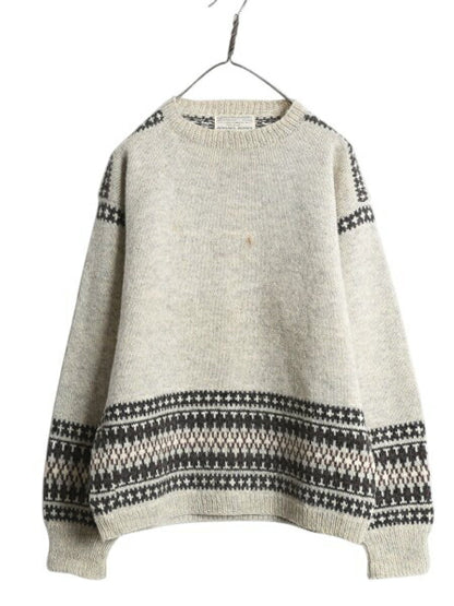 60s 70s ノルウェー製 ★ HUSFLIDEN ノルディック ハンドニット セーター メンズ L 程/ 古着 ヴィンテージ 手編み ウール 総柄 バーズアイ