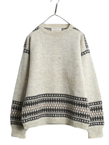 60s 70s ノルウェー製 ★ HUSFLIDEN ノルディック ハンドニット セーター メンズ L 程/ 古着 ヴィンテージ 手編み ウール 総柄 バーズアイ