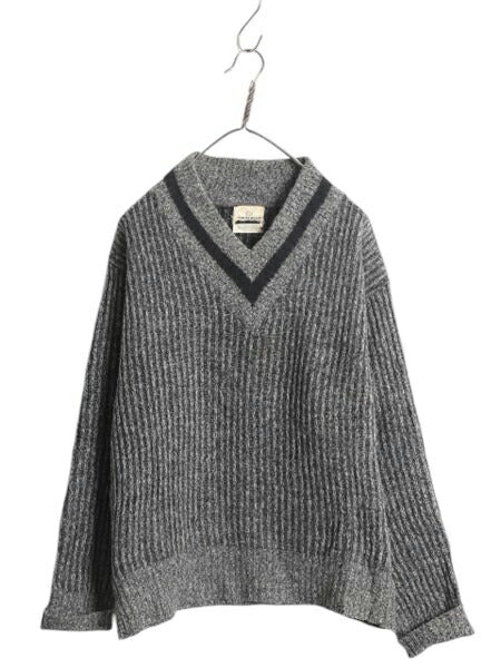 60s ★ ヴァンヒューゼン Vネック ラム ウール ニット セーター メンズ L / ヴィンテージ チルデン タイプ リブ編み チャンキー モノトーン