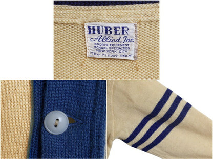 40s 50s ★ HUBER レタード ニット カーディガン メンズ M 程 ヴィンテージ ウイングフット サガラ ワッペン付き ツートン ウール セーター