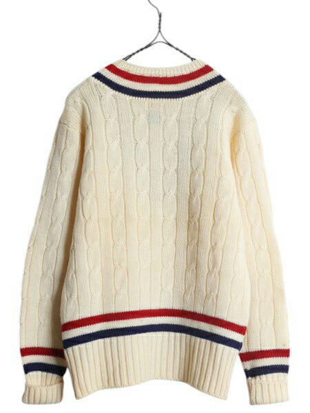 60s イギリス製 ★ Abercrombie&Fitch × JAEGER チルデン ニット セーター メンズ M / ヴィンテージ ウール Vネック ケーブル ナチュラル