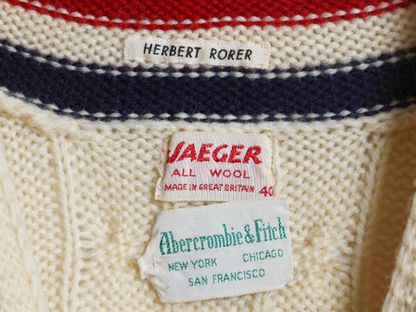 60s イギリス製 ★ Abercrombie&Fitch × JAEGER チルデン ニット セーター メンズ M / ヴィンテージ ウール Vネック ケーブル ナチュラル