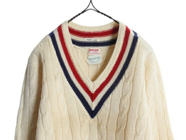 60s イギリス製 ★ Abercrombie&Fitch × JAEGER チルデン ニット セーター メンズ M / ヴィンテージ ウール Vネック ケーブル ナチュラル
