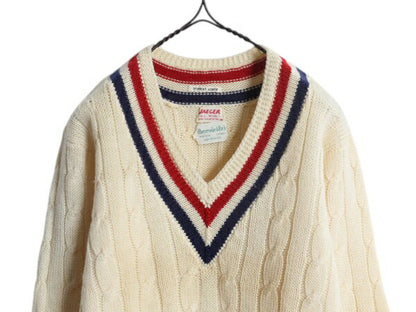60s イギリス製 ★ Abercrombie&Fitch × JAEGER チルデン ニット セーター メンズ M / ヴィンテージ ウール Vネック ケーブル ナチュラル