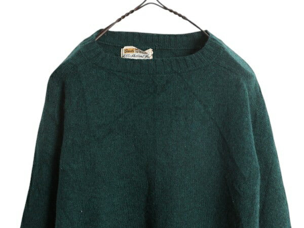 60s 70s ★ Grants シェットランド ウール ニット セーター メンズ L 古着 ヴィンテージ サドルショルダー ミドルゲージ グリーン 無地 緑