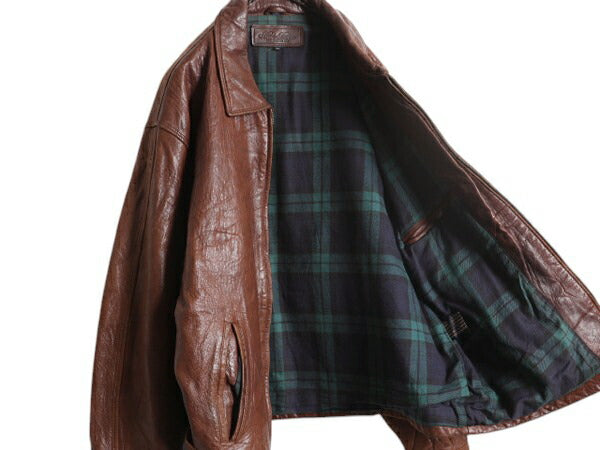 90s ★ ブルックスブラザーズ 本革 ラム レザー スイングトップ ジャケット メンズ M 古着 革ジャン フルジップ チェック ライナー付き 茶
