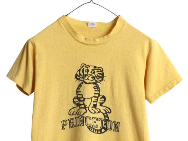 70s USA製 ★ プリンストン カレッジ 染込み プリント Tシャツ メンズ S 古着 ヴィンテージ マスコット キャラクター アニマル タイガー 黄