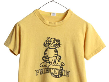 70s USA製 ★ プリンストン カレッジ 染込み プリント Tシャツ メンズ S 古着 ヴィンテージ マスコット キャラクター アニマル タイガー 黄
