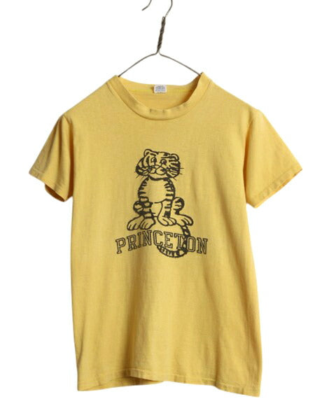 70s USA製 ★ プリンストン カレッジ 染込み プリント Tシャツ メンズ S 古着 ヴィンテージ マスコット キャラクター アニマル タイガー 黄