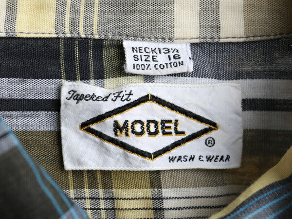 70s ★ MODEL チェック 柄 片ポケ コットン 長袖 ボタンダウン シャツ ( メンズ 男性 小さめ XS～S程 ) 70年代 ビンテージ 古着 USED