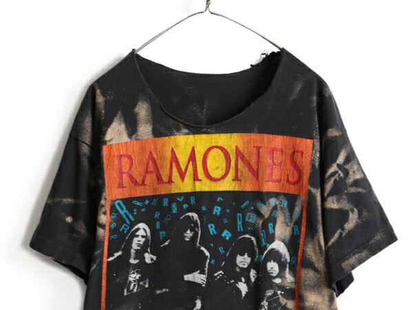 90s カットオフ ★ RAMONES 両面 プリント 半袖 Tシャツ ( メンズ XL 程) 古着 90年代 ラモーンズ バンド ロック パンク タイダイ オールド