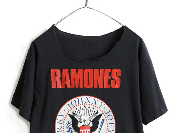 80s ビンテージ カットオフ ★ RAMONES 両面 プリント 半袖 Tシャツ ( メンズ M 程) 古着 80年代 ラモーンズ バンド ロック パンク 黒 黒T