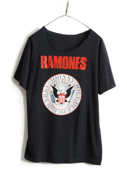 80s ビンテージ カットオフ ★ RAMONES 両面 プリント 半袖 Tシャツ ( メンズ M 程) 古着 80年代 ラモーンズ バンド ロック パンク 黒 黒T