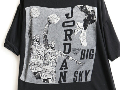パキ綿 80s ビンテージ ★ NBA シカゴ ブルズ マイケル ジョーダン プリント 半袖 Tシャツ ( メンズ L 程) 古着 バスケ MICHAEL JORDAN 黒
