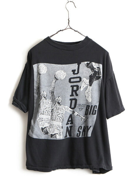 パキ綿 80s ビンテージ ★ NBA シカゴ ブルズ マイケル ジョーダン プリント 半袖 Tシャツ ( メンズ L 程) 古着 バスケ MICHAEL JORDAN 黒