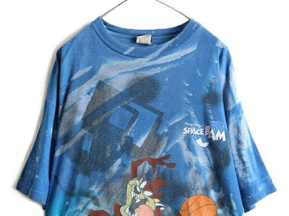 90s ★ SPACE JAM タイダイ タズマニアンデビル プリント 半袖 Tシャツ ( メンズ XL ) 古着 ルーニー テューンズ 映画 ムービー キャラ 青