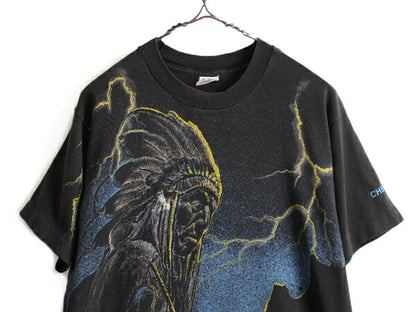 90s USA製 ★ インディアン 大判 オーバー プリント 半袖 Tシャツ ( メンズ M ) 古着 90年代 ネイティブアメリカン シングルステッチ 黒