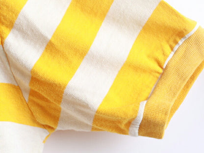 70s ★ コットン 2色 ボーダー 柄 半袖 モックネック Tシャツ ( メンズ 男性 M ) 70年代 ビンテージ 古着 黄 × 白 USED