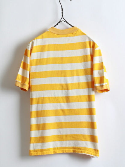 70s ★ コットン 2色 ボーダー 柄 半袖 モックネック Tシャツ ( メンズ 男性 M ) 70年代 ビンテージ 古着 黄 × 白 USED