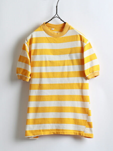 70s ★ コットン 2色 ボーダー 柄 半袖 モックネック Tシャツ ( メンズ 男性 M ) 70年代 ビンテージ 古着 黄 × 白 USED