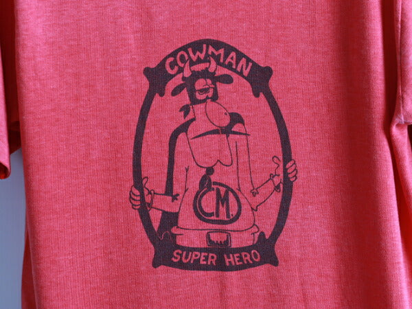 80s ★ Cowman カウマン 染み込み プリント 半袖 Tシャツ ( メンズ 男性 S程 ) 80年代 ビンテージ 古着 USED キャラT フェード 丸首 赤