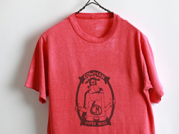 80s ★ Cowman カウマン 染み込み プリント 半袖 Tシャツ ( メンズ 男性 S程 ) 80年代 ビンテージ 古着 USED キャラT フェード 丸首 赤