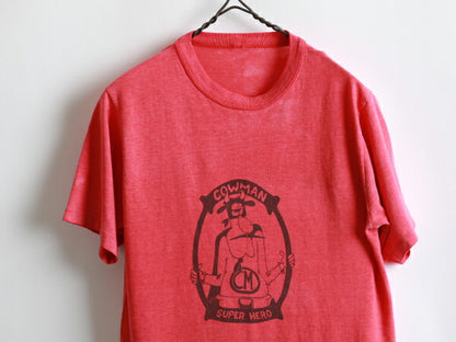 80s ★ Cowman カウマン 染み込み プリント 半袖 Tシャツ ( メンズ 男性 S程 ) 80年代 ビンテージ 古着 USED キャラT フェード 丸首 赤