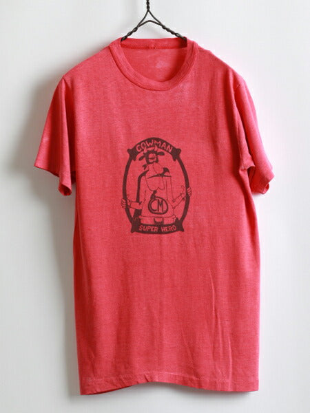80s ★ Cowman カウマン 染み込み プリント 半袖 Tシャツ ( メンズ 男性 S程 ) 80年代 ビンテージ 古着 USED キャラT フェード 丸首 赤